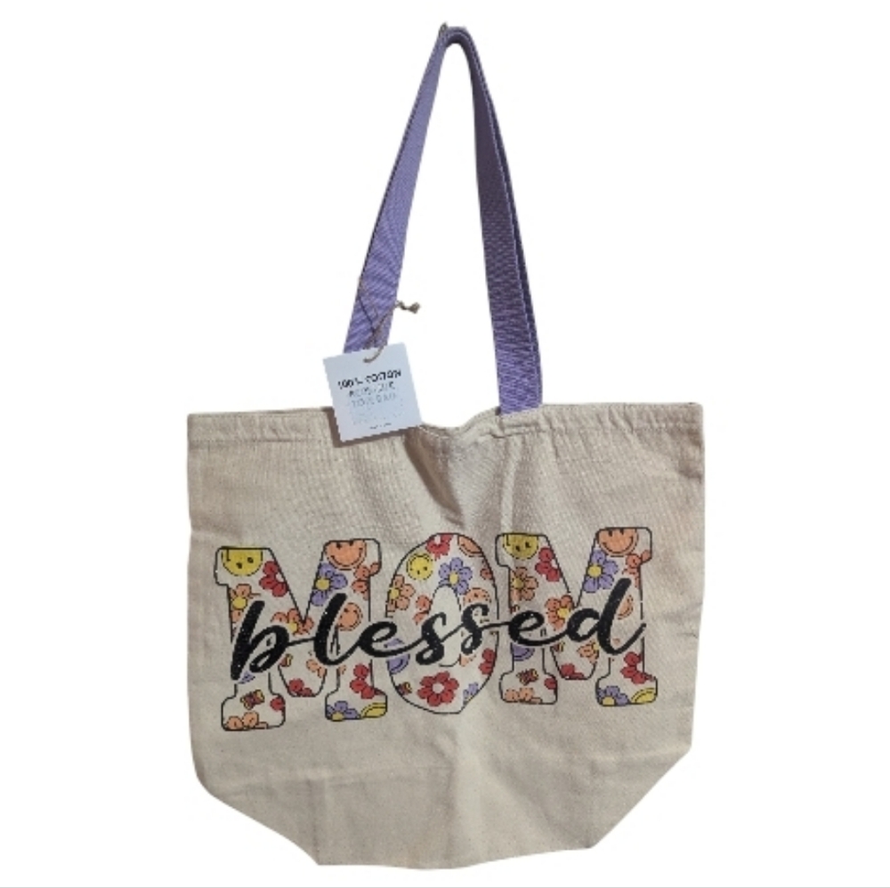 Blessed Mom Canvas Tote Bag O/S  Cream Large